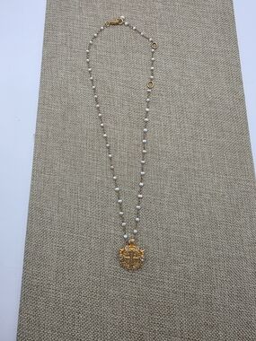 French Kande Gold Medallion Pearl Station Necklace